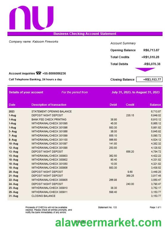 Nubank corporate checking account statement Word and PDF template